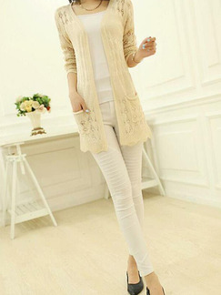 Beige Slim Knitting Cutout Long Sleeve Coat for Casual Office