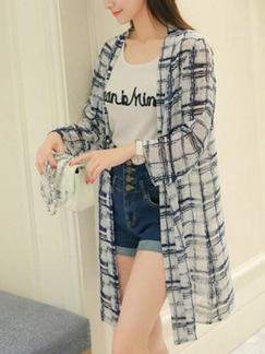 Navy Blue & White Loose Contrast Grid Long Sleeve Coat for Casual