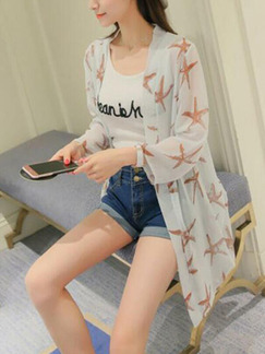 White Loose Printed Shirt Long Sleeve Coat for Casual