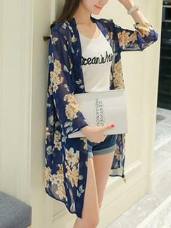 Navy Blue and Colorful Loose Printed Shirt Long Sleeve Coat for Casual