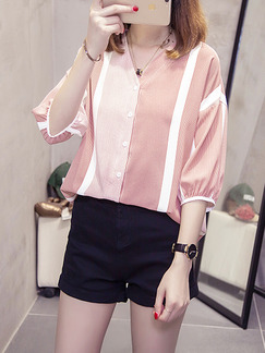 Pink Loose Contrast Stripe Blouse Plus Size Top for Casual Party Office