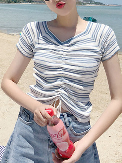 White and Blue Slim Knitting Stripe Shirring V Neck Top for Casual Party Beach