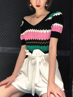 Black Pink and Green Slim Knitting Contrast Linking V Neck Top for Casual Party