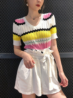 White Pink and Yellow Slim Knitting Contrast Linking V Neck Top for Casual Party