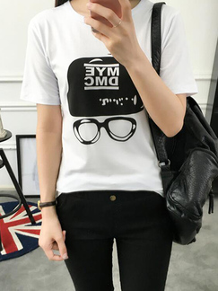White Loose Cartoon Pattern Letter Top for Casual
