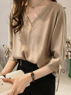 Khaki Loose Plus Size V Neck Chiffon Top for Casual Party Office