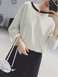 Black and White Loose Round Neck Stripe Linking Long Sleeve Top for Casual Party