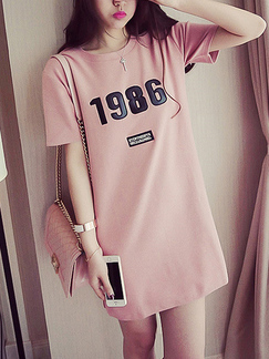 Pink and Black Loose Round Neck Printed T-Shirt Top for Casual Sporty