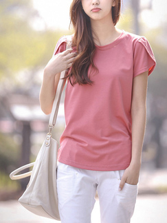 Pink Loose Plus Size Round Neck Petal Sleeve Top for Casual