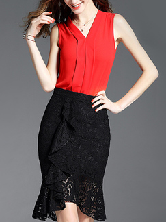 Red Slim Plus Size V Neck Lapel Chiffon Top for Casual Party Office