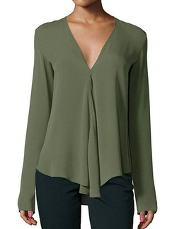 Green Loose Plus Size Shirt V Neck Chiffon Long Sleeve Top for Casual Party Evening