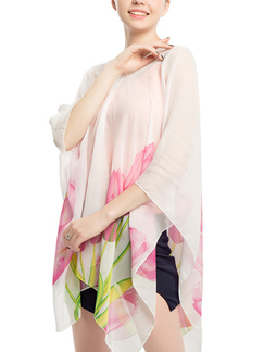 Pink Colorful Loose V Neck Chiffon Printed Floral Top for Casual