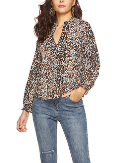 Colorful Loose Shirt V Neck Chiffon Printed Blouse Long Sleeve Top for Casual Party