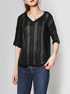 Black Loose Bat Round Neck Knitted See-Through Top for Casual Party Office