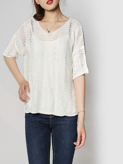 White Loose Bat Round Neck Knitted See-Through Top for Casual Party Office
