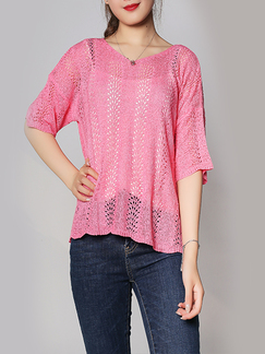 Pink Loose Bat Round Neck Knitted See-Through Top for Casual Party Office