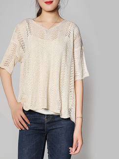 Khaki Loose Bat Round Neck Knitted See-Through Top for Casual Party Office