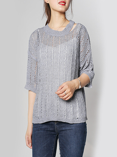 Gray Blue Loose Bat Round Neck Knitted See-Through Top for Casual Party