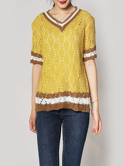 Yellow Loose Bat Round Neck Knitted See-Through Top for Casual