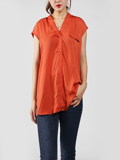 Orange Slim V Neck Linking Bead Button Down Top for Casual Party