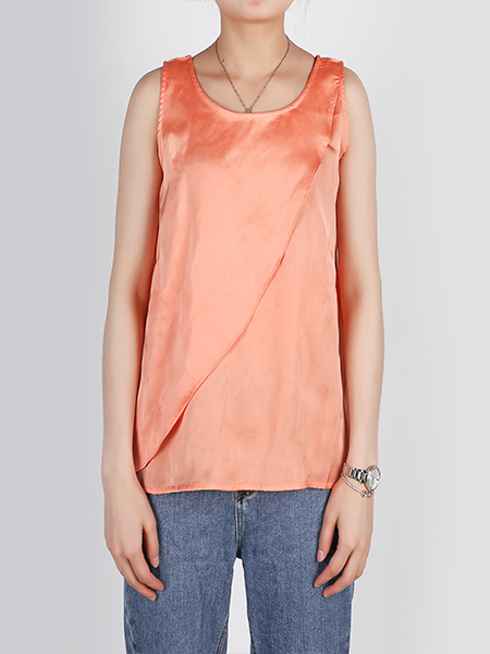 Orange Slim Round Neck Linking Two-Layered Top for Casual