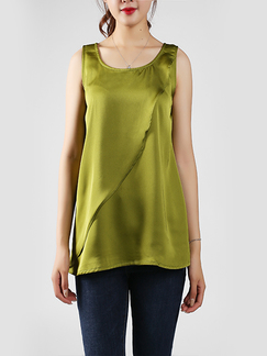 Green Slim Round Neck Linking Two-Layered Top for Casual