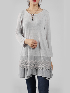 Gray Loose Round Neck Laced Mesh Knitted Linking Long Sleeve Top for Casual Office