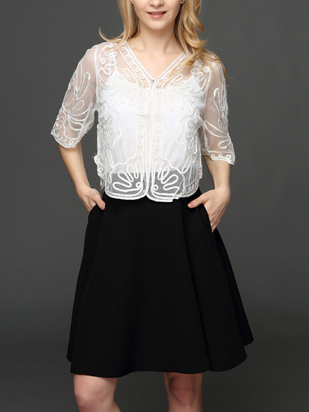 White Plus Size Lace Embroidery See-Through V Neck Sun Protection  Cardigan for Casual