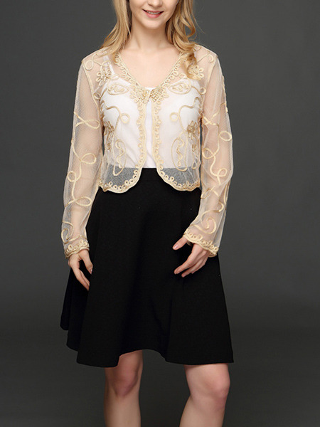 Beige Plus Size Lace Embroidery See-Through V Neck Sun Protection Long Sleeve Cardigan for Casual