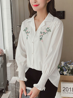 White Plus Size Loose Lapel Embroidery Adjustable Flare Long Sleeve  Top for Casual Office