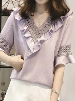 Violet Plus Size Loose Linking Lace Cutout Ruffle V Neck Flare Sleeve Top for Casual Office