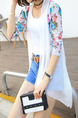 White Colorful Loose Located Printing See-Through Sun Protection Asymmetrical Hem Floral Long Sleeve Coat for Casual