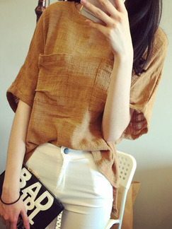 Brown Loose Round Neck Pockets Asymmetrical Top for Casual