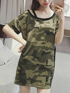 Green Black and Brown Plus Size Loose Medium-Long Camouflage Off-Shoulder  Top for Casual Party