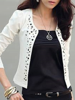 White Plus Size Slim Stand Collar Cardigan Rivet Coat for Casual Office Party