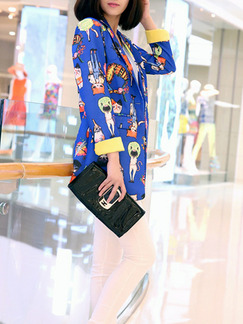 Blue Colorful Loose Printed Lapel Suit Long Sleeve Coat for Casual Office
