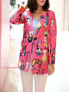 Rose-Carmine Colorful Loose Printed Lapel Suit Long Sleeve Coat for Casual Office