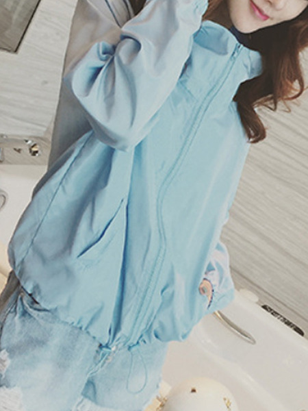 Blue Loose Hooded Pure Color Long Sleeve Coat for Casual