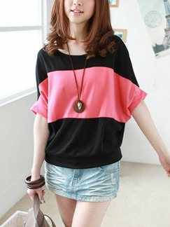 Black and Rose Red Loose Contrast Bat T-Shirt Top for Casual
