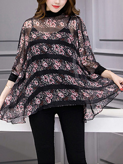 Black Colorful Loose Printed See-Through Shirt Floral Top for Casual Party Office