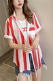 White and Red Loose Contrast Stripe Shirt Top for Casual Party