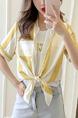 White and Yellow Loose Contrast Stripe Shirt Top for Casual Party