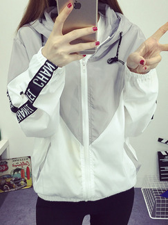 White and Gray Loose Contrast Hooded Long Sleeve Coat for Casual Sports