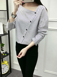 Blue Loose Stripe Inclined Collar Shirt Long Sleeve Top for Casual Party Evening Office