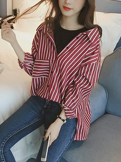 Red Loose Seem-Two Stripe Single-Breasted Shirt Long Sleeve Top for Casual