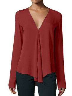 Red Loose V Neck Shirt Long Sleeve Top for Casual Party Office Evening