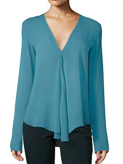Peacock Blue Loose V Neck Shirt Long Sleeve Top for Casual Party Office Evening