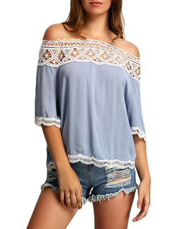 Blue Loose Linking Lace Off-Shoulder Shirt Plus Size Top for Casual Party