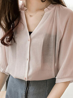 Pink Loose See-Through Shirt V Neck Plus Size Top for Casual Office Party