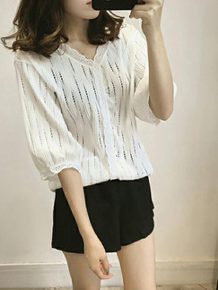 White Loose Lace Shirt V Neck Plus Size Top for Casual Party Office